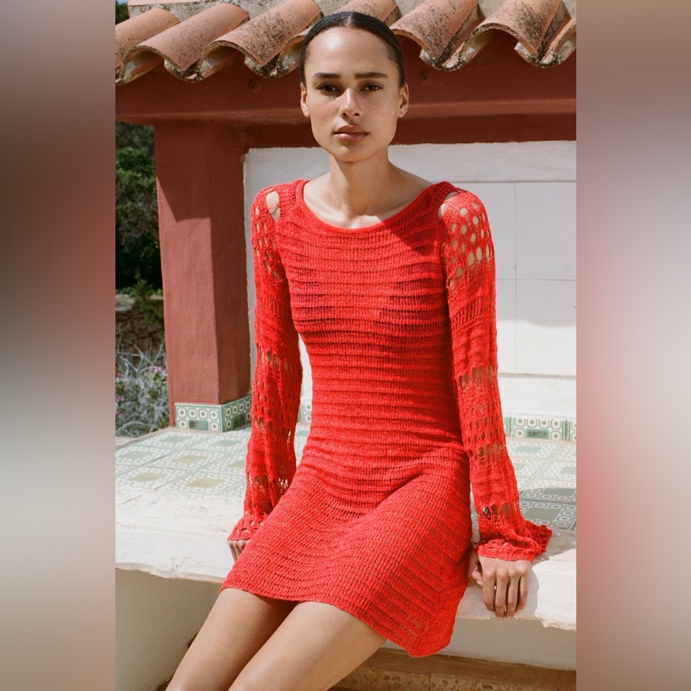 Zara Red Coral Crochet Knit Mini Dress